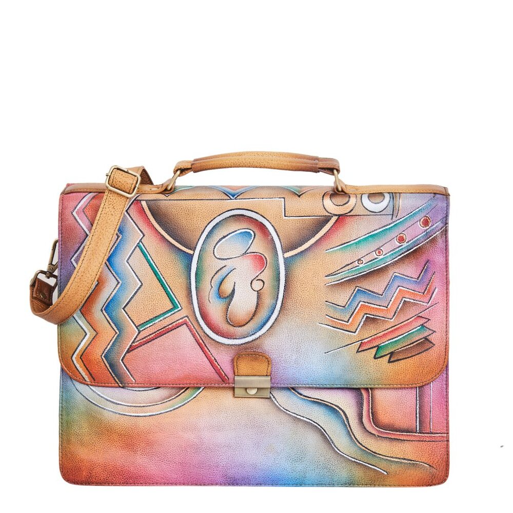 Women Hand-Painted Abstract Artwork Leather Briefcase Crossbody Bag – Laptop Bag